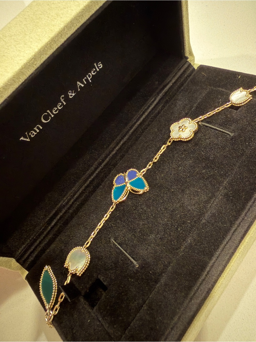 Van Cleef & Arpels Gold Bracelet with Blue, Teal & White Motifs - Lucky Spring